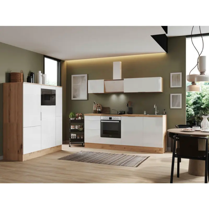 K&uuml;chenblock 370 cm in Eiche Artisan, Wei&szlig; Hochglanz