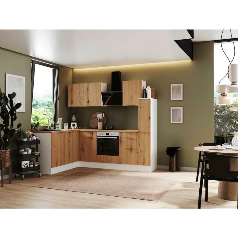 Eckküche 175/250 cm in Weiß, Eiche Artisan