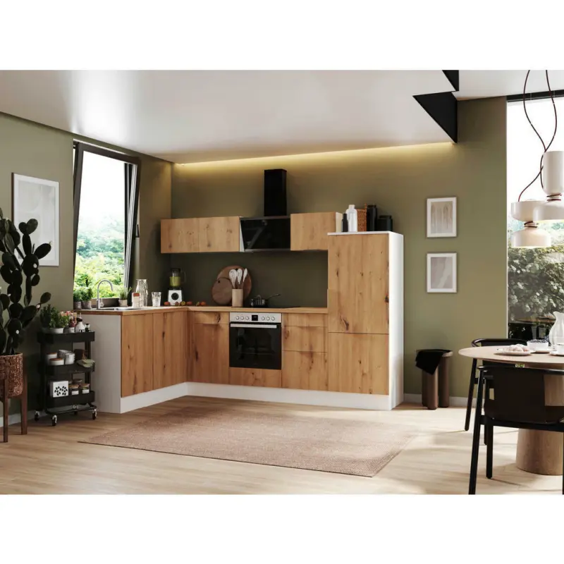 Eckküche 175/280 cm in Weiß, Eiche Artisan