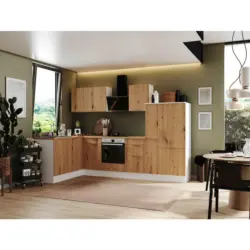 Eckk&uuml;che 175/310 cm in Wei&szlig;, Eiche Artisan