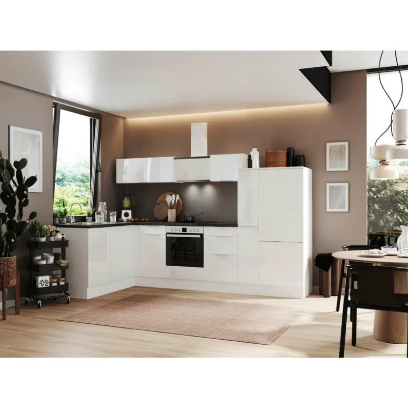 Eckküche 175/310 cm in Weiß, Weiß Hochglanz