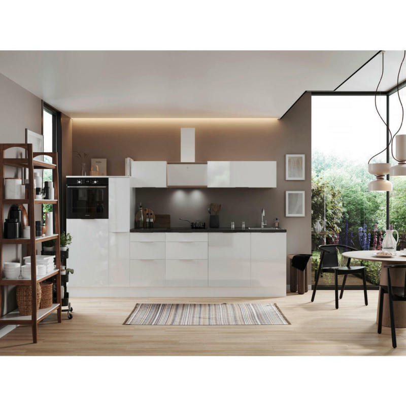 Küchenblock 310 cm in Weiß, Weiß Hochglanz