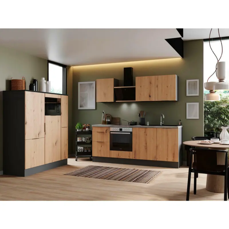 K&uuml;chenblock 370 cm in Grau, Eiche Artisan