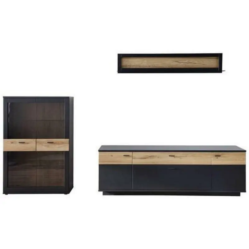 Wohnwand 295/178/50 cm in Grau, Schwarz, Wildeiche