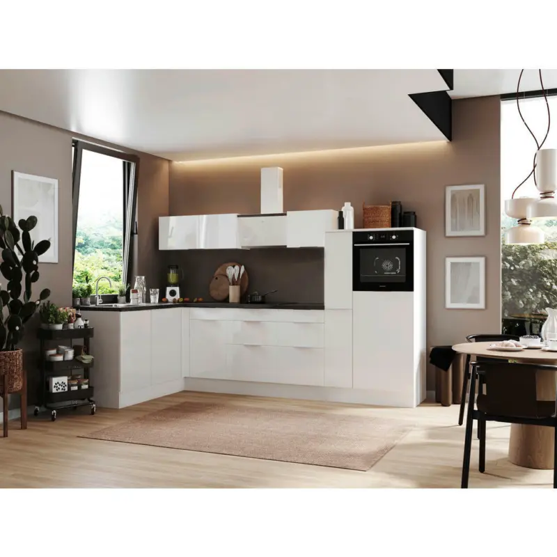 Eckküche 175/310 cm in Weiß, Weiß Hochglanz