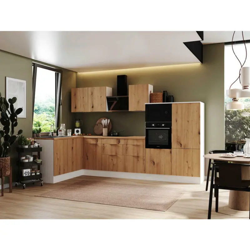 Eckk&uuml;che 175/340 cm in Wei&szlig;, Eiche Artisan