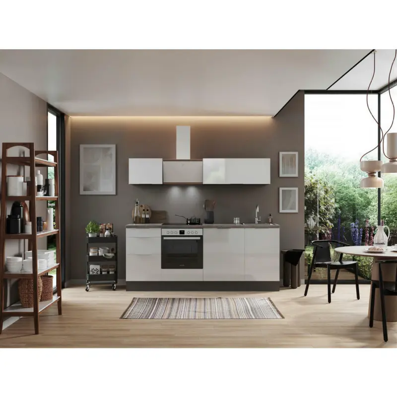 K&uuml;chenblock 220 cm in Grau, Wei&szlig; Hochglanz