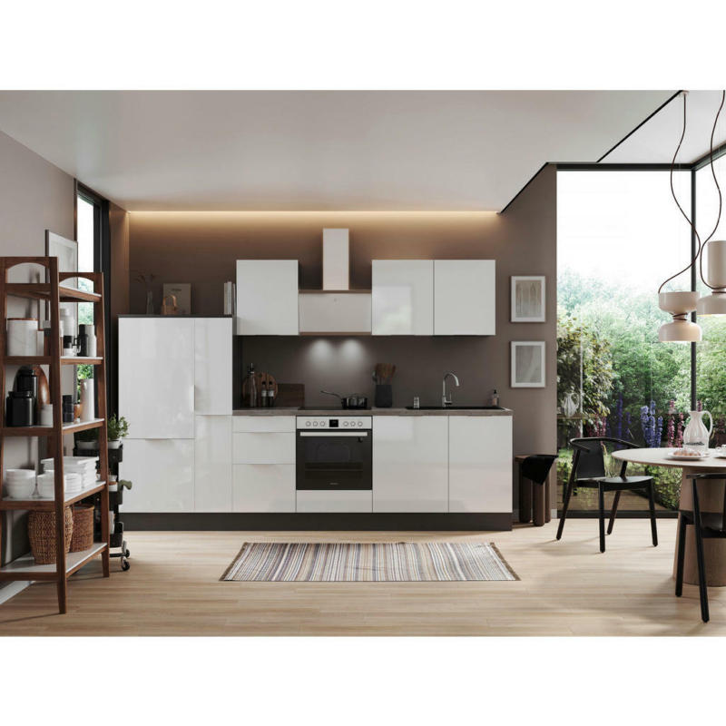 Küchenblock 310 cm in Grau, Weiß Hochglanz