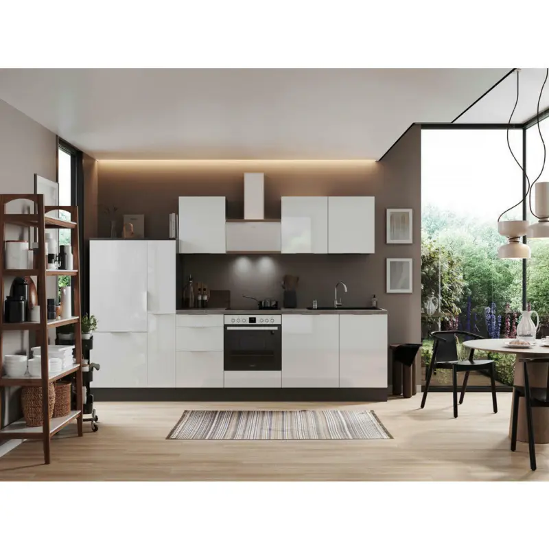 Küchenblock 310 cm in Grau, Weiß Hochglanz