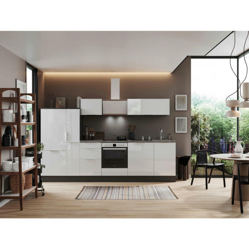 Küchenblock 310 cm in Grau, Weiß Hochglanz
