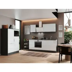 Küchenblock 340 cm in Grau, Weiß Hochglanz