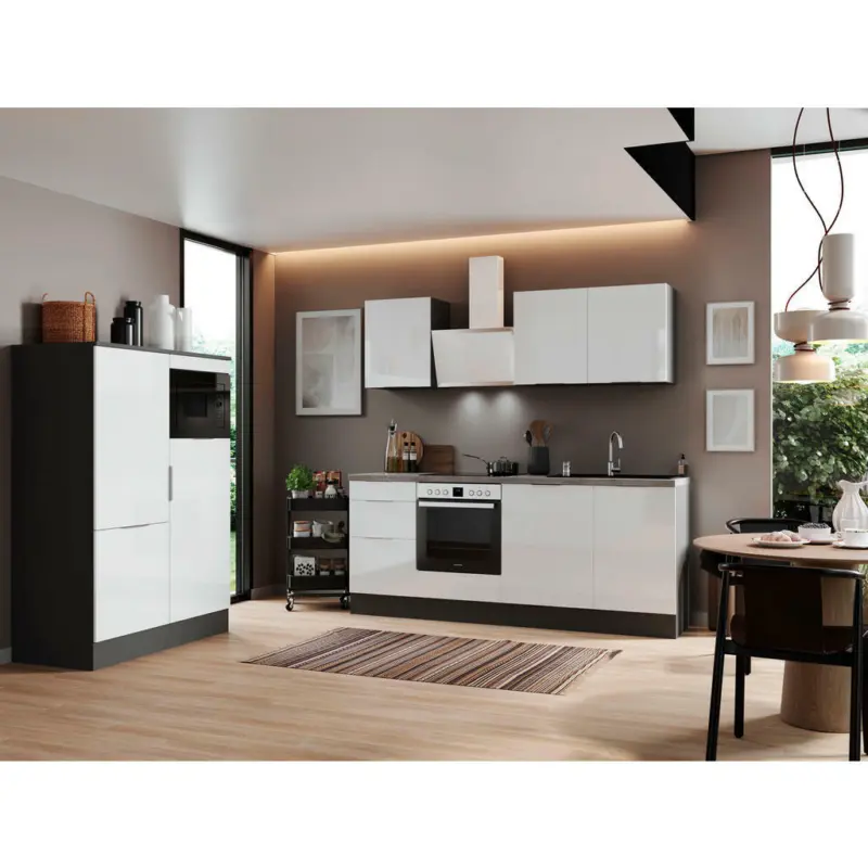 Küchenblock 340 cm in Grau, Weiß Hochglanz