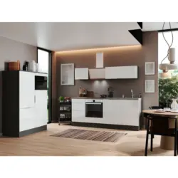 Küchenblock 340 cm in Grau, Weiß Hochglanz