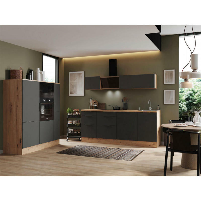 Küchenblock 370 cm in Grau, Eiche Artisan