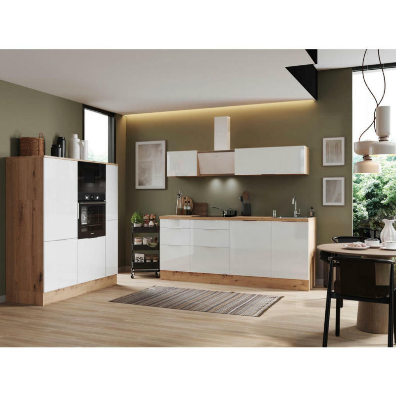 Küchenblock 370 cm in Eiche Artisan, Weiß Hochglanz