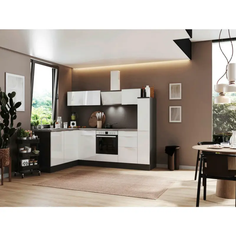 Eckk&uuml;che 175/250 cm in Grau, Wei&szlig; Hochglanz