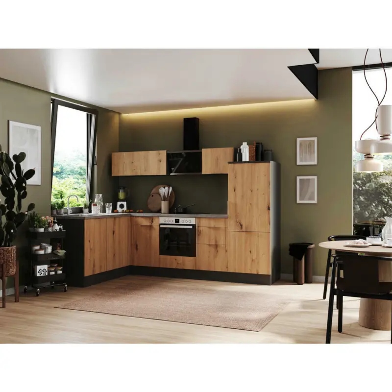 Eckküche 175/280 cm in Grau, Eiche Artisan