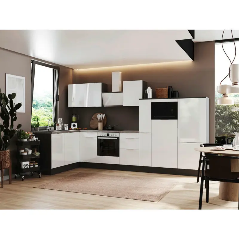 Eckküche 175/370 cm in Grau, Weiß Hochglanz