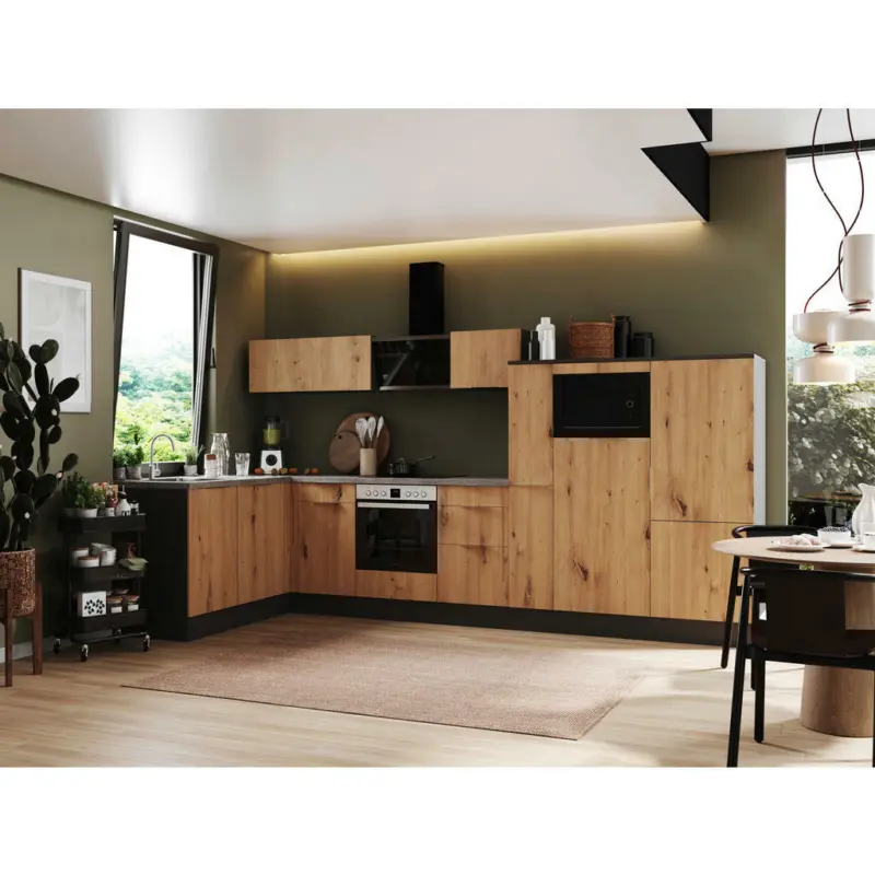 Eckküche 175/370 cm in Grau, Eiche Artisan