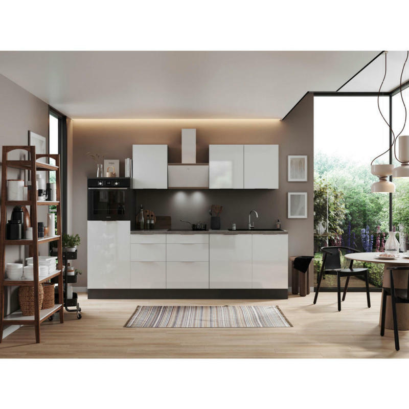 Küchenblock 280 cm in Grau, Weiß Hochglanz