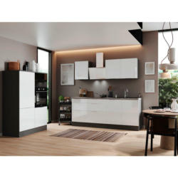 Küchenblock 340 cm in Grau, Weiß Hochglanz
