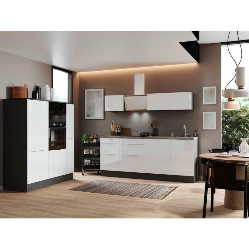 Küchenblock 370 cm in Grau, Weiß Hochglanz