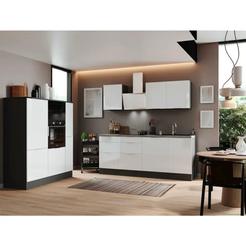 K&uuml;chenblock 370 cm in Grau, Wei&szlig; Hochglanz