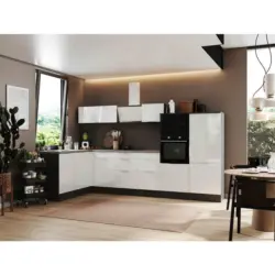 Eckküche 175/340 cm in Grau, Weiß Hochglanz