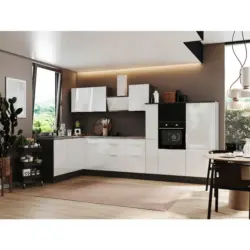 Eckküche 175/370 cm in Grau, Weiß Hochglanz