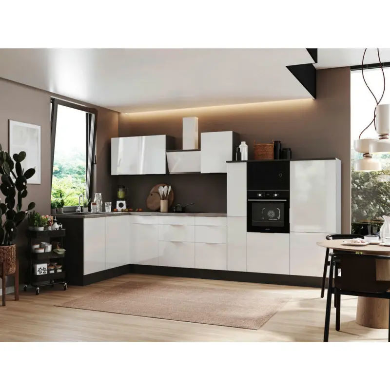 Eckküche 175/370 cm in Grau, Weiß Hochglanz