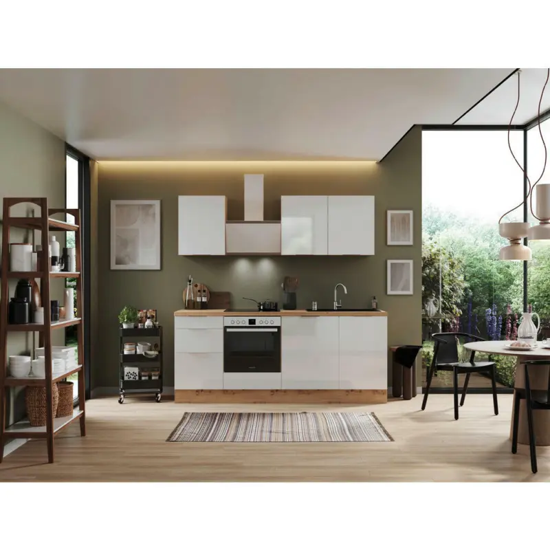 Küchenblock 220 cm in Eiche Artisan, Weiß Hochglanz