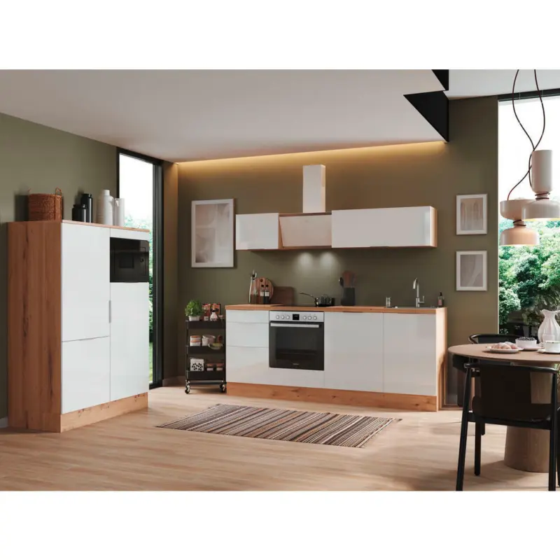 Küchenblock 340 cm in Eiche Artisan, Weiß Hochglanz