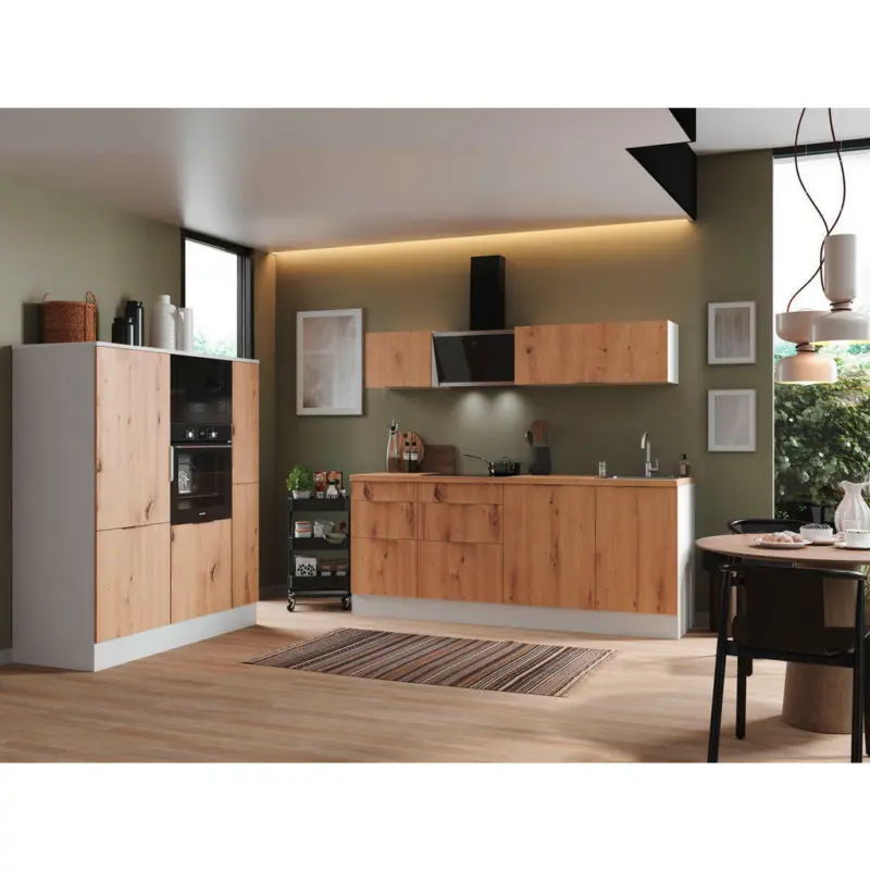 K&uuml;chenblock 370 cm in Wei&szlig;, Eiche Artisan