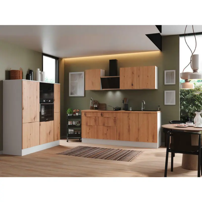 K&uuml;chenblock 370 cm in Wei&szlig;, Eiche Artisan