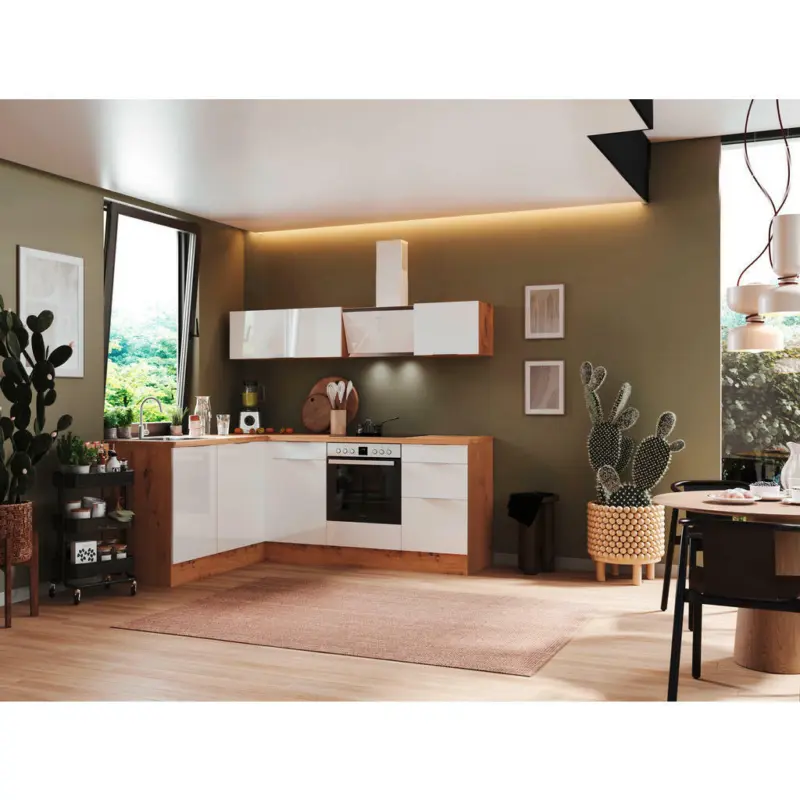 Eckk&uuml;che 175/220 cm in Eiche Artisan, Wei&szlig; Hochglanz