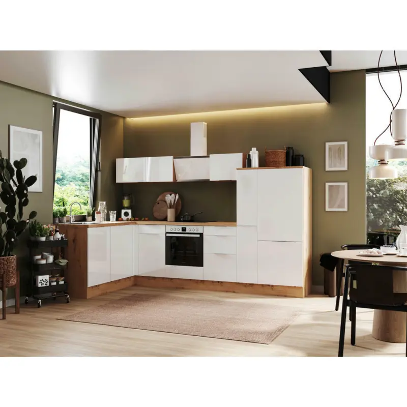 Eckk&uuml;che 175/310 cm in Eiche Artisan, Wei&szlig; Hochglanz