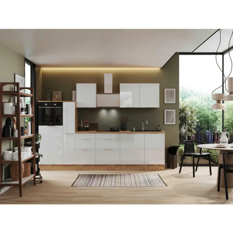 K&uuml;chenblock 310 cm in Eiche Artisan, Wei&szlig; Hochglanz