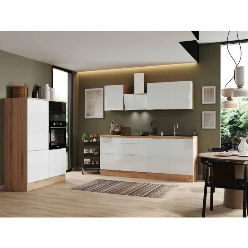 Küchenblock 340 cm in Eiche Artisan, Weiß Hochglanz