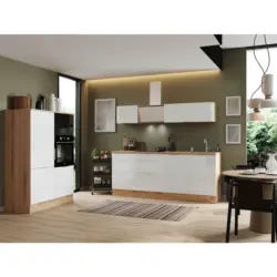 K&uuml;chenblock 340 cm in Eiche Artisan, Wei&szlig; Hochglanz