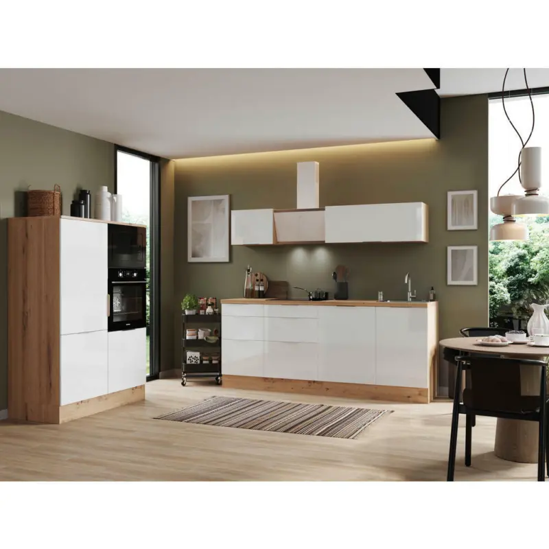 K&uuml;chenblock 340 cm in Eiche Artisan, Wei&szlig; Hochglanz