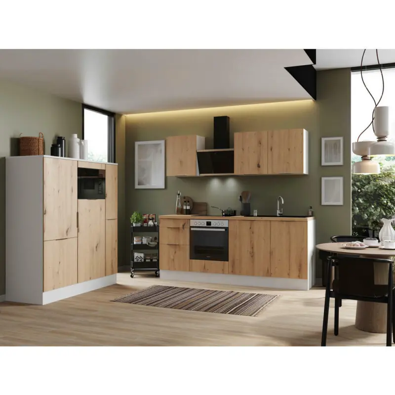 Küchenblock 370 cm in Weiß, Eiche Artisan