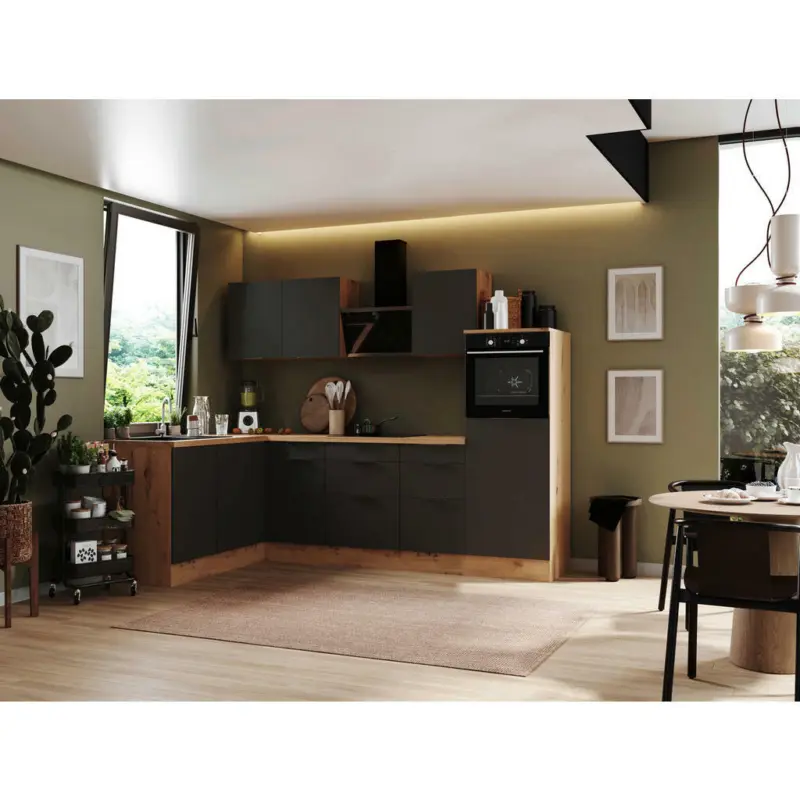 Eckküche 175/280 cm in Grau, Eiche Artisan