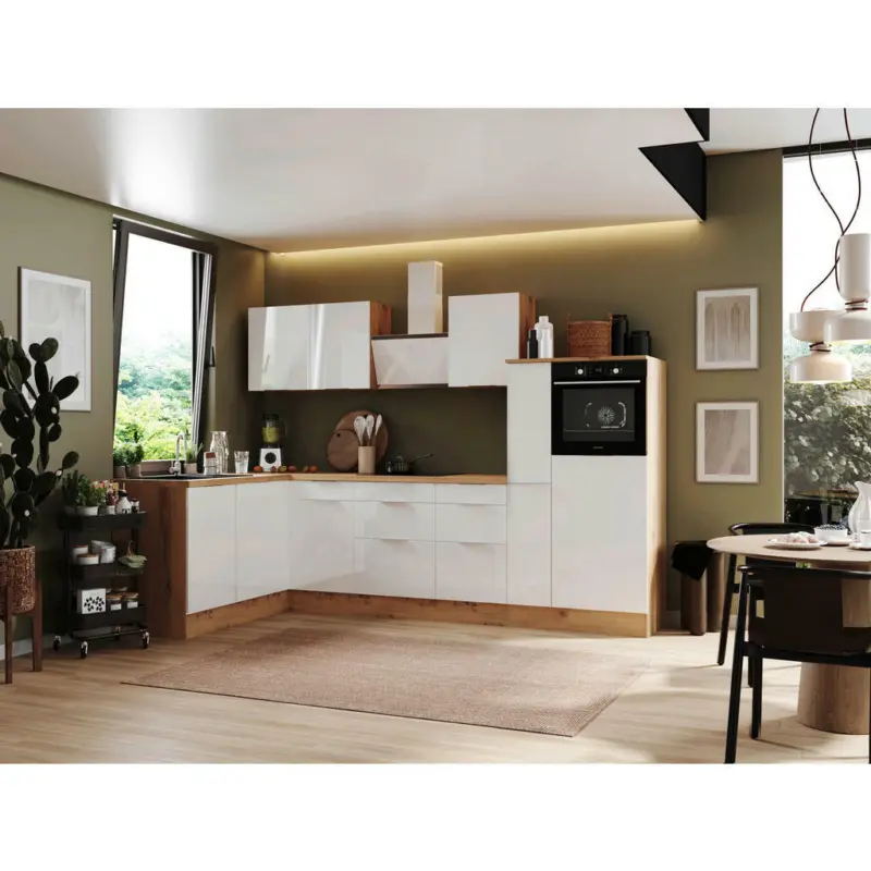 Eckk&uuml;che 175/310 cm in Eiche Artisan, Wei&szlig; Hochglanz