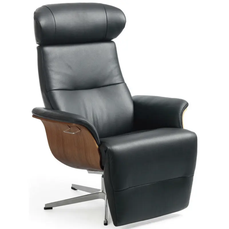 Relaxsessel in Holz, Leder Schwarz, Walnussfarben