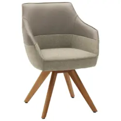 Armlehnstuhl in Holz, Textil, Leder Braun, Weiß, Champagner