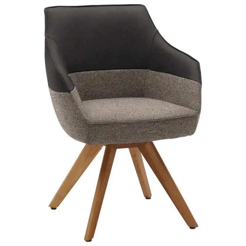 Armlehnstuhl in Holz, Textil, Leder Dunkelgrau, Dunkelbraun, Beige