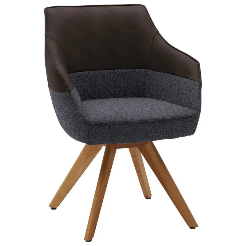 Armlehnstuhl in Holz, Textil, Leder Blau, Grau, Dunkelbraun