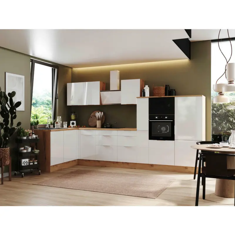 Eckküche 175/370 cm in Eiche Artisan, Weiß Hochglanz