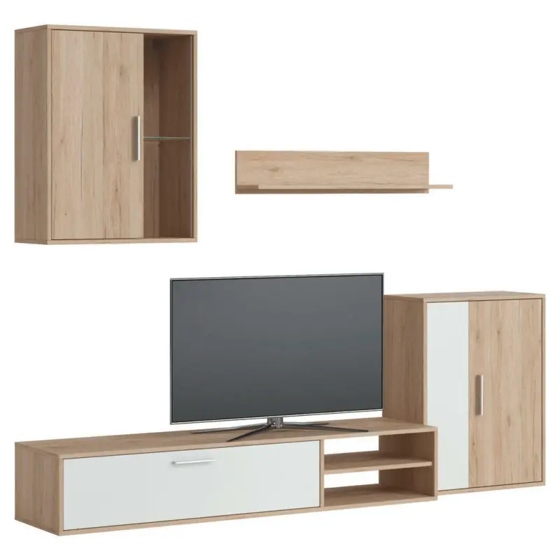 Wohnwand 220/180/40 cm in Weiß, Eiche San Remo