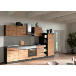 K&uuml;chenblock 330 cm in Graphitfarben, Eiche Wotan